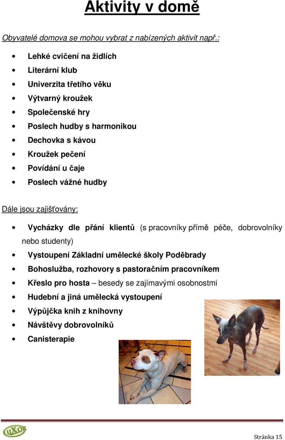 pečení Povídání u čaje Poslech vážné hudby Dále jsou zajišťovány: Vycházky dle přání klientů (s pracovníky přímě péče, dobrovolníky nebo studenty)