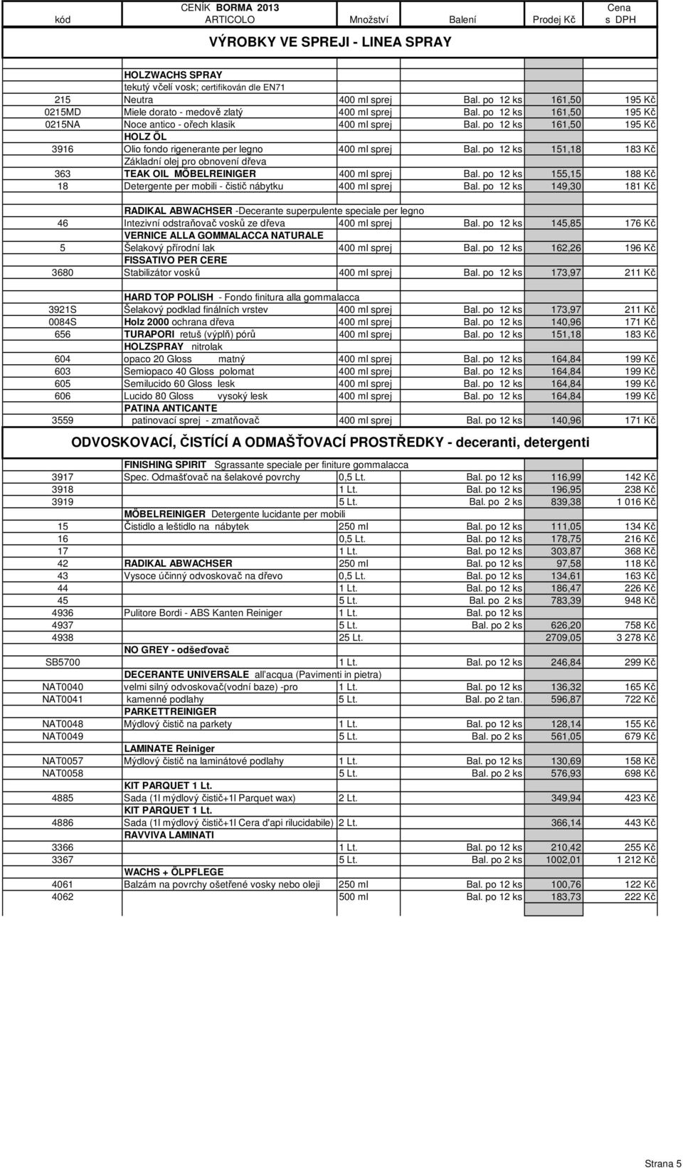 po 12 ks 151,18 183 Kč Základní olej pro obnovení dřeva 363 TEAK OIL MÖBELREINIGER 400 ml sprej Bal. po 12 ks 155,15 188 Kč 18 Detergente per mobili - čistič nábytku 400 ml sprej Bal.