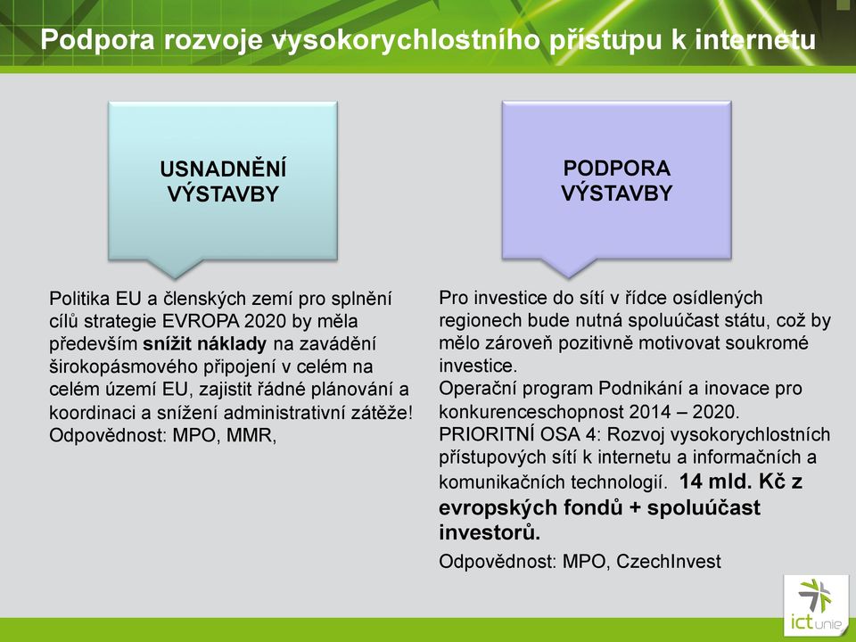 Odpovědnost: MPO, MMR, PODPORA VÝSTAVBY Pro investice do sítí v řídce osídlených regionech bude nutná spoluúčast státu, což by mělo zároveň pozitivně motivovat soukromé investice.
