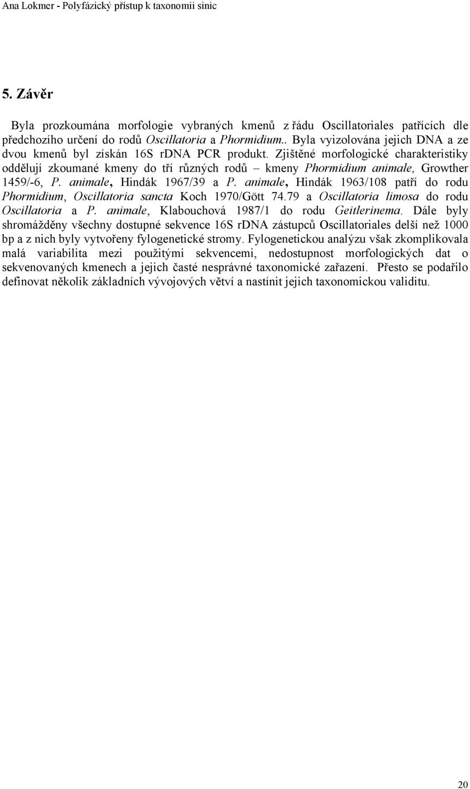 Zjištěné morfologické charakteristiky oddělují zkoumané kmeny do tří různých rodů kmeny Phormidium animale, Growther 1459/-6, P. animale, Hindák 1967/39 a P.