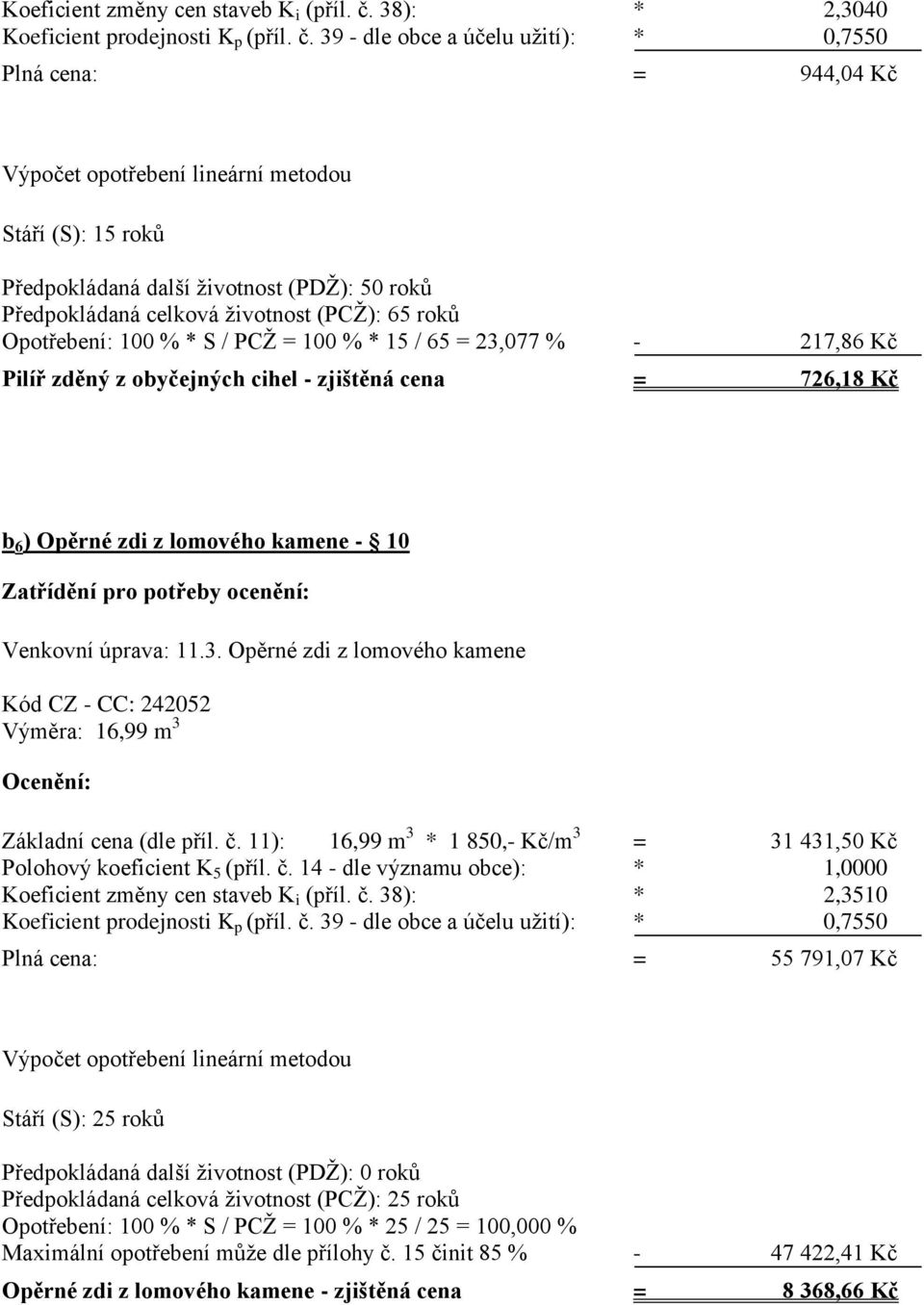 39 - dle obce a účelu užití): * 0,7550 Plná cena: = 944,04 Kč Výpočet opotřebení lineární metodou Stáří (S): 15 roků Předpokládaná další životnost (PDŽ): 50 roků Předpokládaná celková životnost