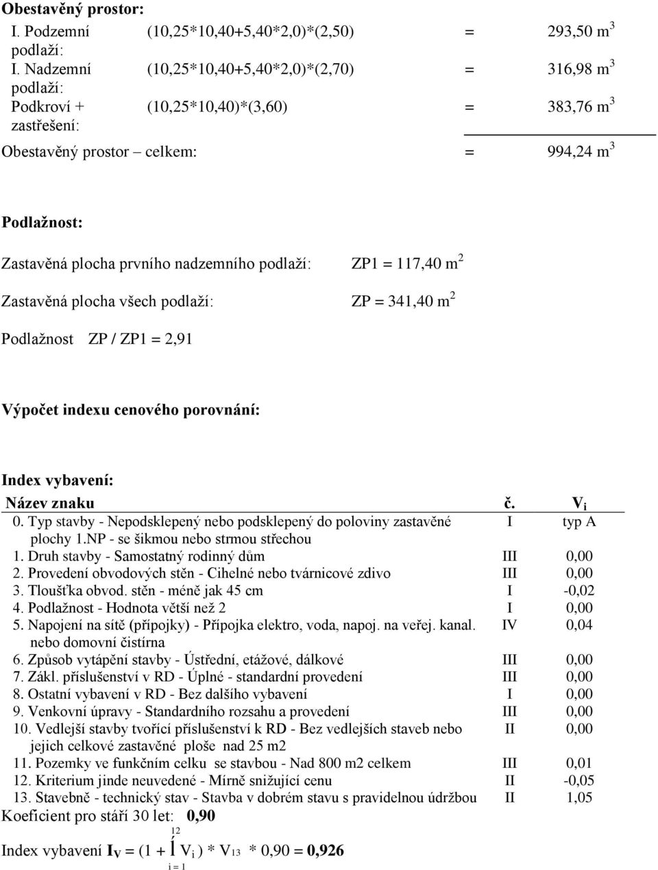 nadzemního podlaží: ZP1 = 117,40 m 2 Zastavěná plocha všech podlaží: ZP = 341,40 m 2 Podlažnost ZP / ZP1 = 2,91 Výpočet indexu cenového porovnání: Index vybavení: Název znaku č. V i 0.