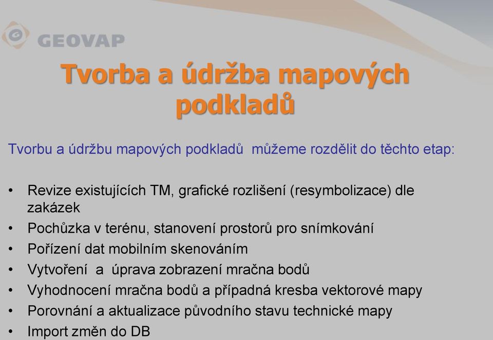 snímkování Pořízení dat mobilním skenováním Vytvoření a úprava zobrazení mračna bodů Vyhodnocení mračna