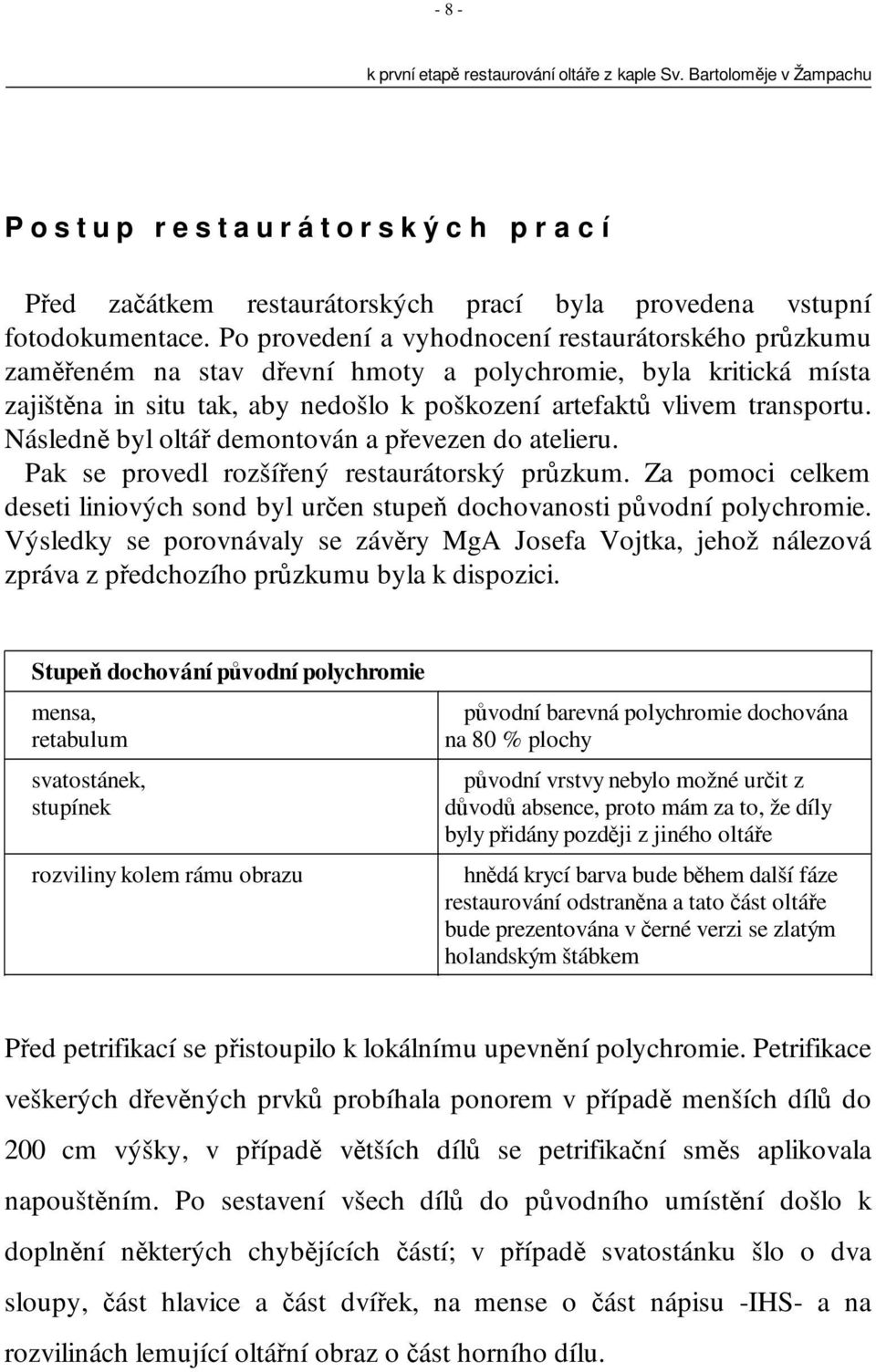 Následně byl oltář demontován a převezen do atelieru. Pak se provedl rozšířený restaurátorský průzkum. Za pomoci celkem deseti liniových sond byl určen stupeň dochovanosti původní polychromie.