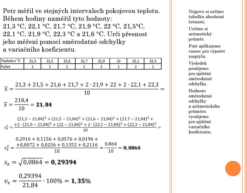 Teplota v C 21,3 21,5 21,6 21,7 21,9 22 22,1 22,3 Počet 1 1 1 1 2 1 2 1 21,3 + 21,5 + 21,6 + 21,7 + 2 21,9 + 22 + 2 22,1 + 22,3 x = 10 x = 218,4 = 21, 84 10 s x 2 = s x 2 = 21,3 21,84 2 + 21,5 21,84