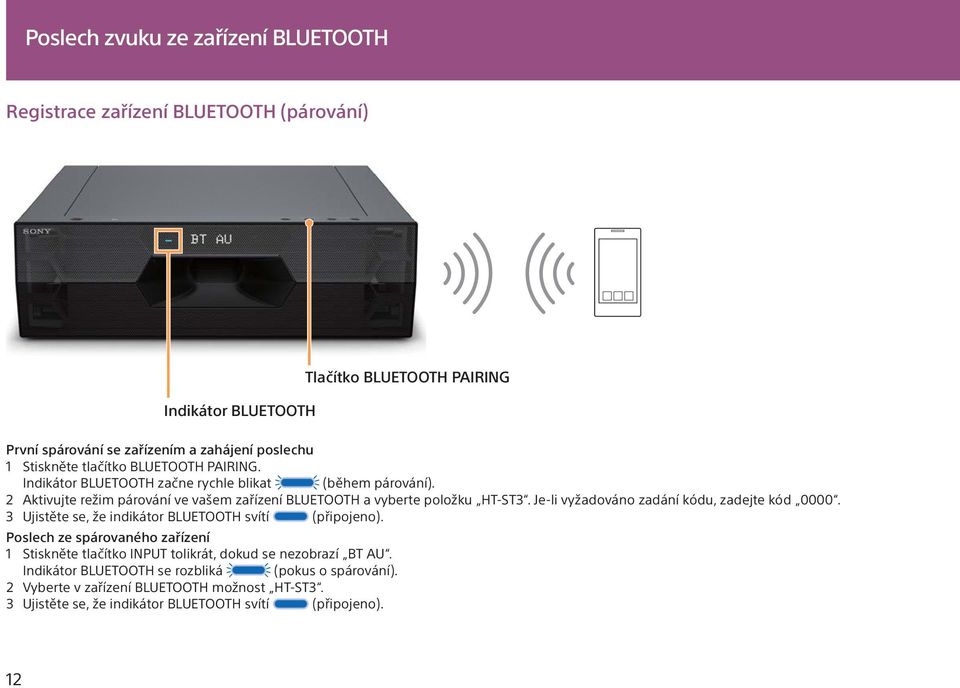 Je-li vyžadováno zadání kódu, zadejte kód 0000. 3 Ujistěte se, že indikátor BLUETOOTH svítí (připojeno).