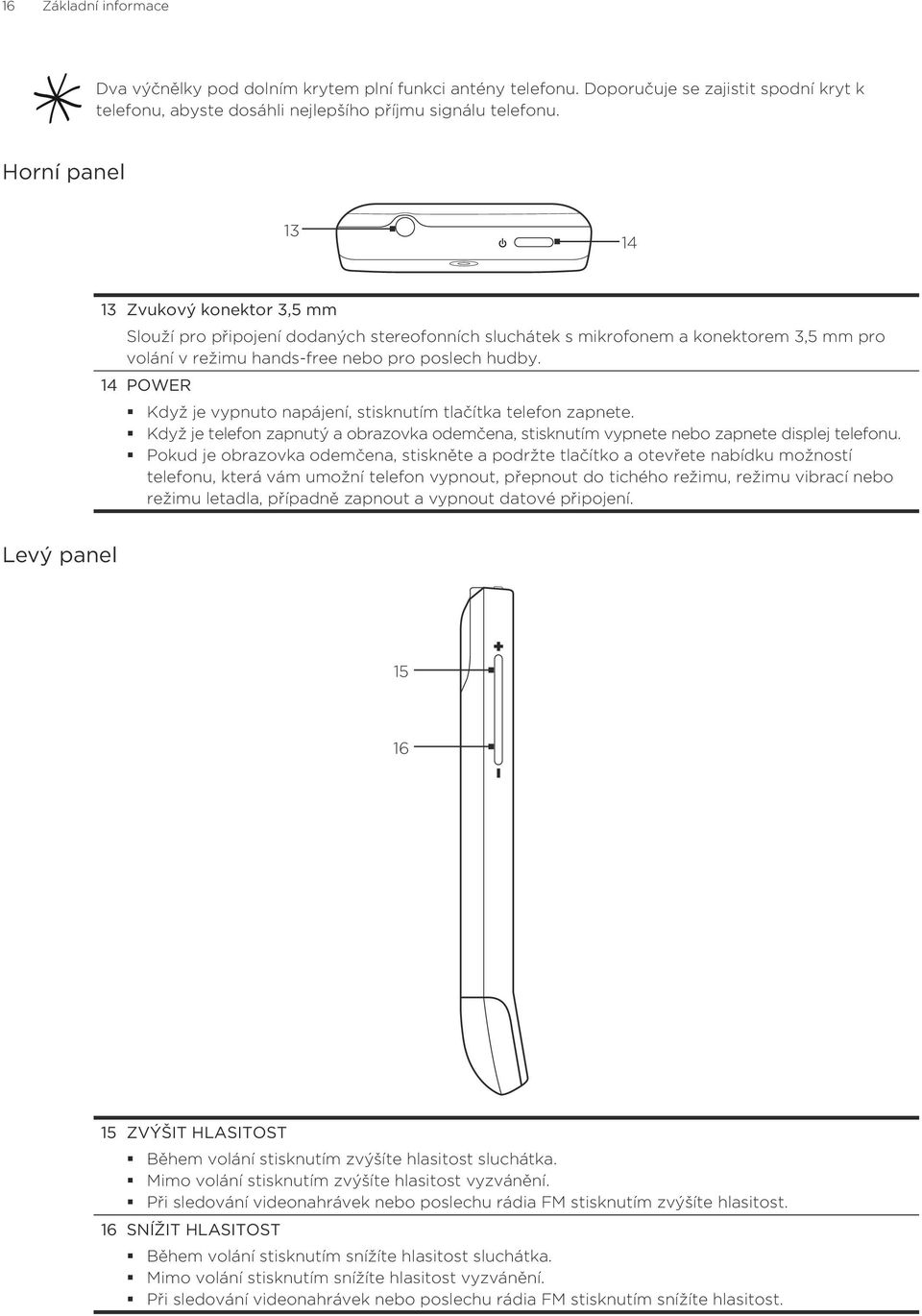 14 POWER Když je vypnuto napájení, stisknutím tlačítka telefon zapnete. Když je telefon zapnutý a obrazovka odemčena, stisknutím vypnete nebo zapnete displej telefonu.