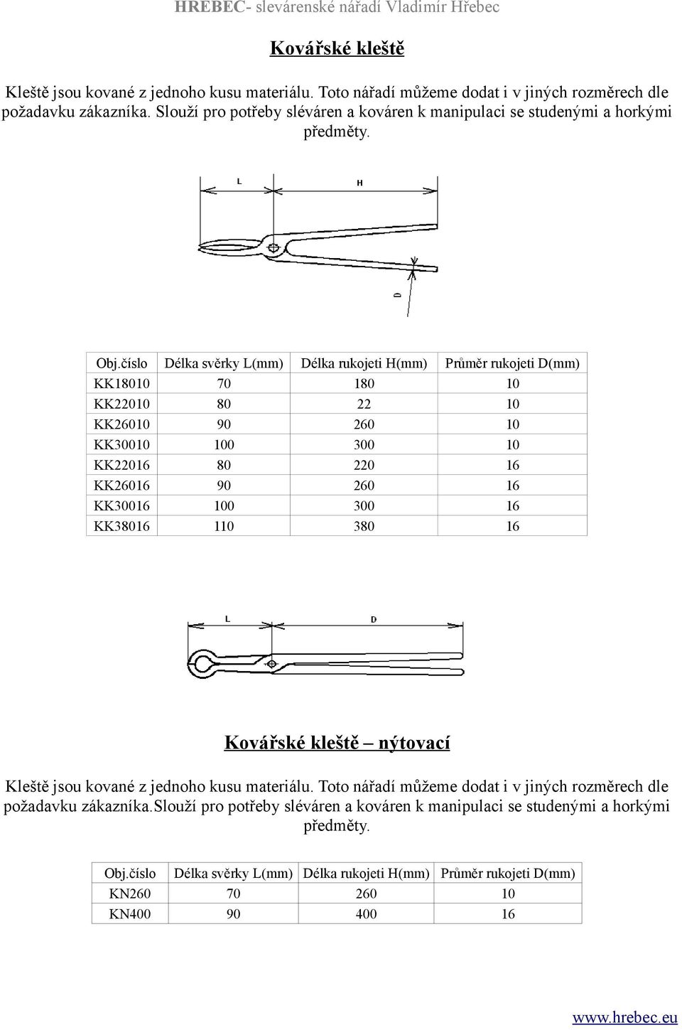 KK10 KK0 KK60 KK00 KK0 KK60 KK00 KK0 Délka svěrky L(mm) 70 0 0 0 0 1 Délka rukojeti H(mm) 10 60 00 0 60 00 0 Průměr rukojeti D(mm) Kovářské kleště nýtovací Kleště