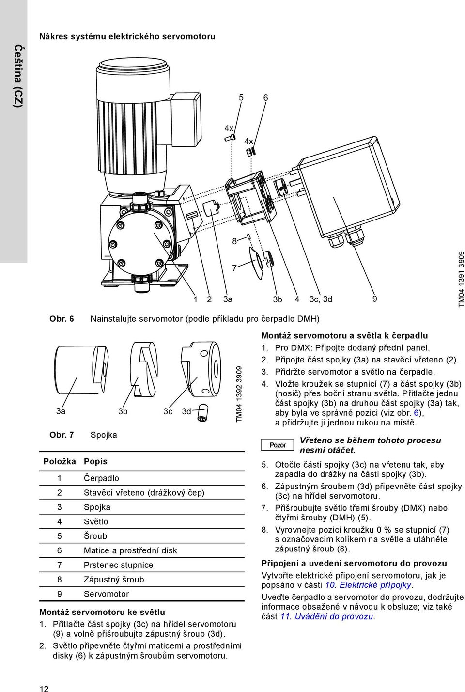 Prstenec stupnice 8 Zápustný šroub 9 Servomotor Montáž servomotoru ke světlu 1. Přitlačte část spojky (3c) na hřídel servomotoru (9) a volně přišroubujte zápustný šroub (3d). 2.
