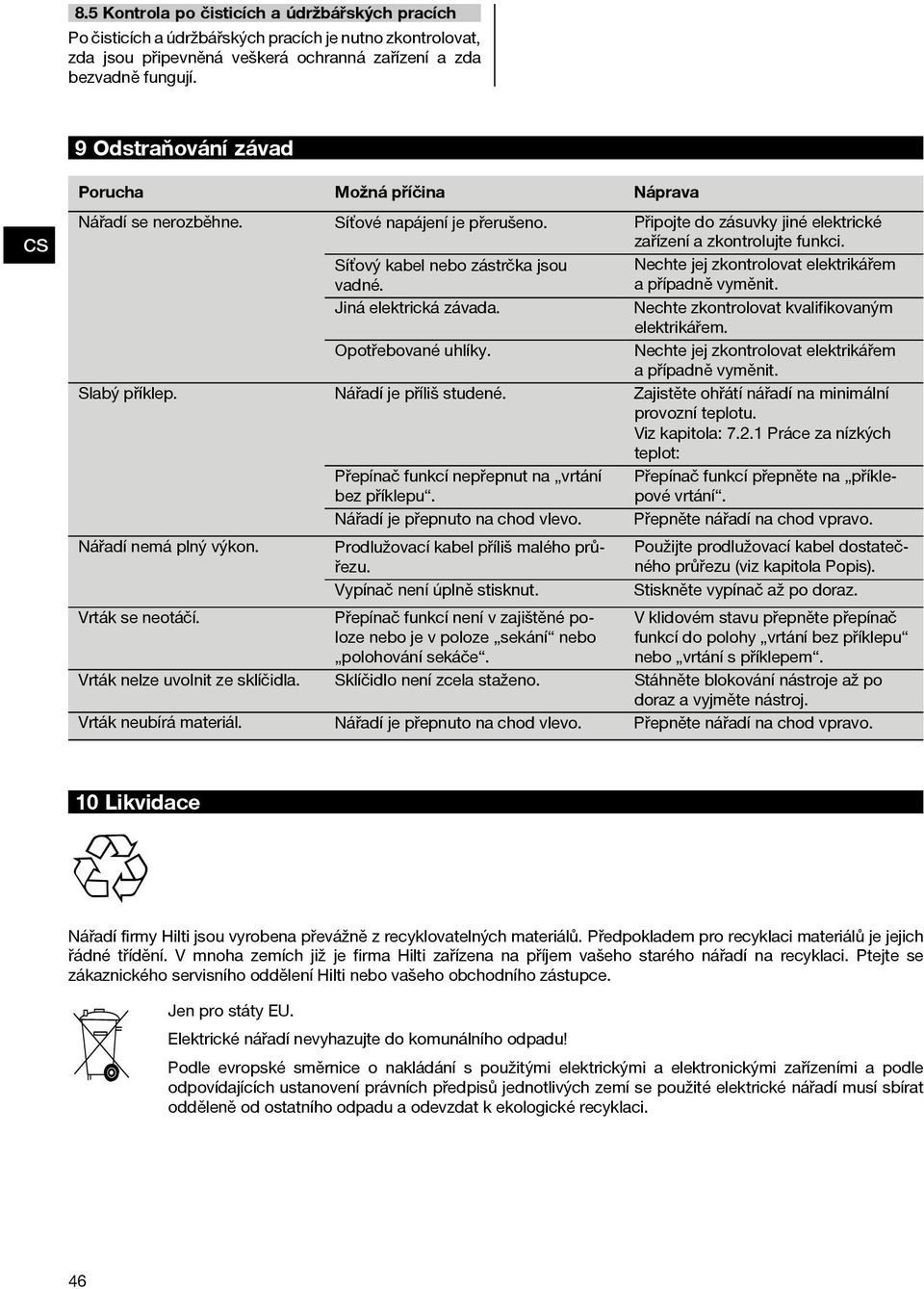 Připojte do zásuvky jiné elektrické zařízení a zkontrolujte funkci. Nechte jej zkontrolovat elektrikářem a případně vyměnit. Nechte zkontrolovat kvalifikovaným elektrikářem.