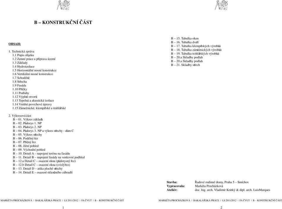 Tabulka oken B 16. Tabulka dveří B 17. Tabulka klempířských výrobků B 18. Tabulka záměčnických výrobků B 19. Tabulka trzhlářských výrobků B 20.a Skladby podlah B 20.a Skladby podlah B 21.