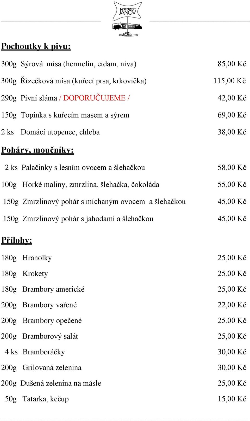 150g Zmrzlinový pohár s míchaným ovocem a šlehačkou 150g Zmrzlinový pohár s jahodami a šlehačkou 55,00 Kč 45,00 Kč 45,00 Kč Přílohy: 180g Hranolky 180g Krokety 180g Brambory americké