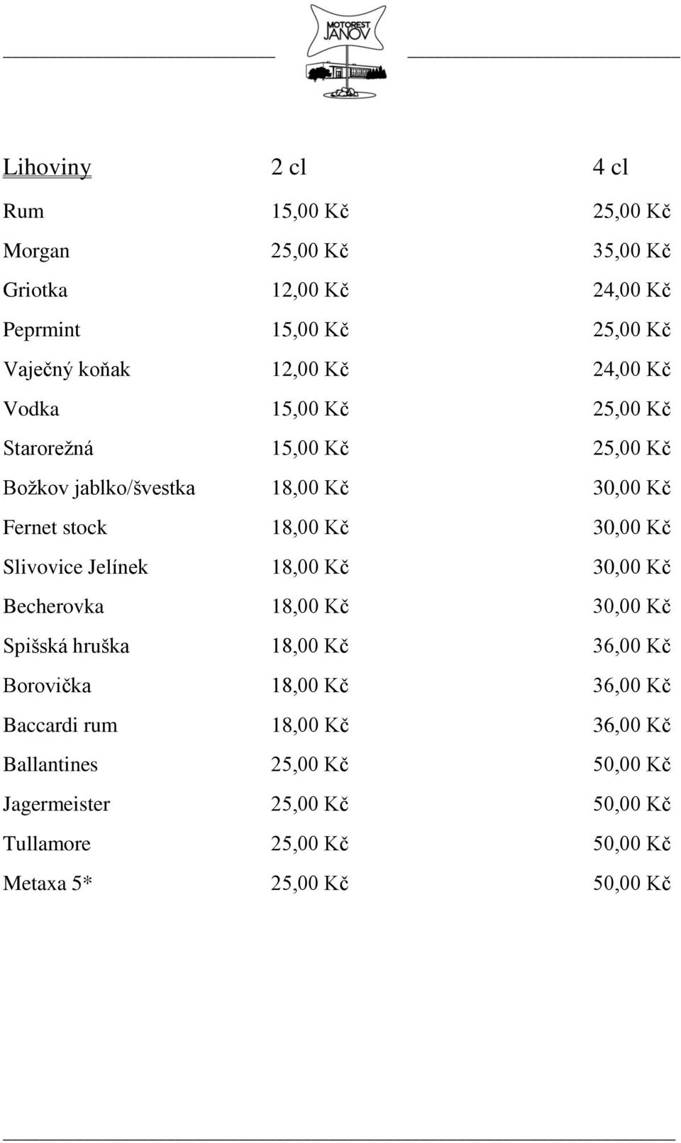 Slivovice Jelínek 18,00 Kč 30,00 Kč Becherovka 18,00 Kč 30,00 Kč Spišská hruška 18,00 Kč 36,00 Kč Borovička 18,00 Kč