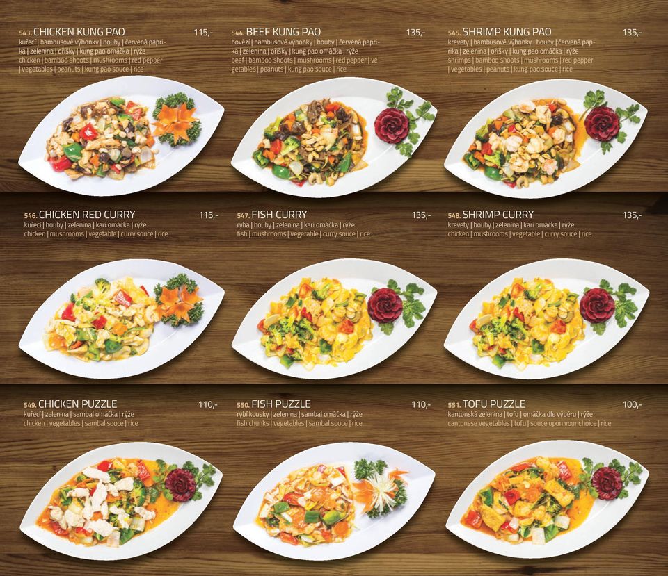 SHRIMP KUNG PAO 135,- krevety bambusové výhonky houby červená paprika zelenina oříšky kung pao omáčka rýže shrimps bamboo shoots mushrooms red pepper vegetables peanuts kung pao souce rice 546.