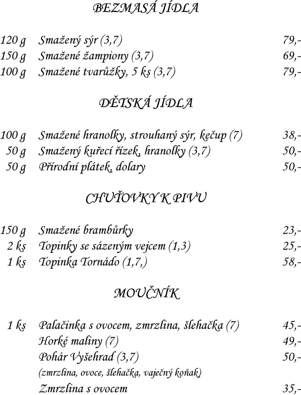 PIVU 150 g Smažené brambůrky 23,- 2 ks Topinky se sázeným vejcem (1,3) 25,- 1 ks Topinka Tornádo (1,7,) 58,- MOUČNÍK 1 ks Palačinka s