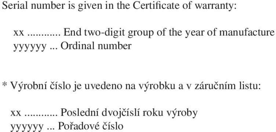 .. Ordinal number * Výrobní číslo je uvedeno na výrobku a v