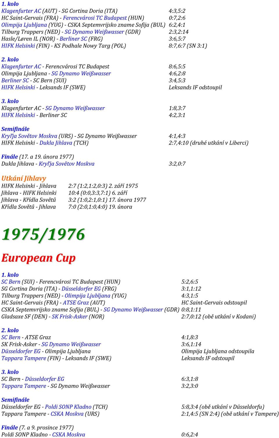 kolo Klagenfurter AC - Ferencvárosi TC Budapest 8:6,5:5 Olimpija Ljubljana - SG Dynamo Weißwasser 4:6,2:8 Berliner SC - SC Bern (SUI) 3:4,5:3 HIFK Helsinki - Leksands IF (SWE) Leksands IF odstoupil 3.
