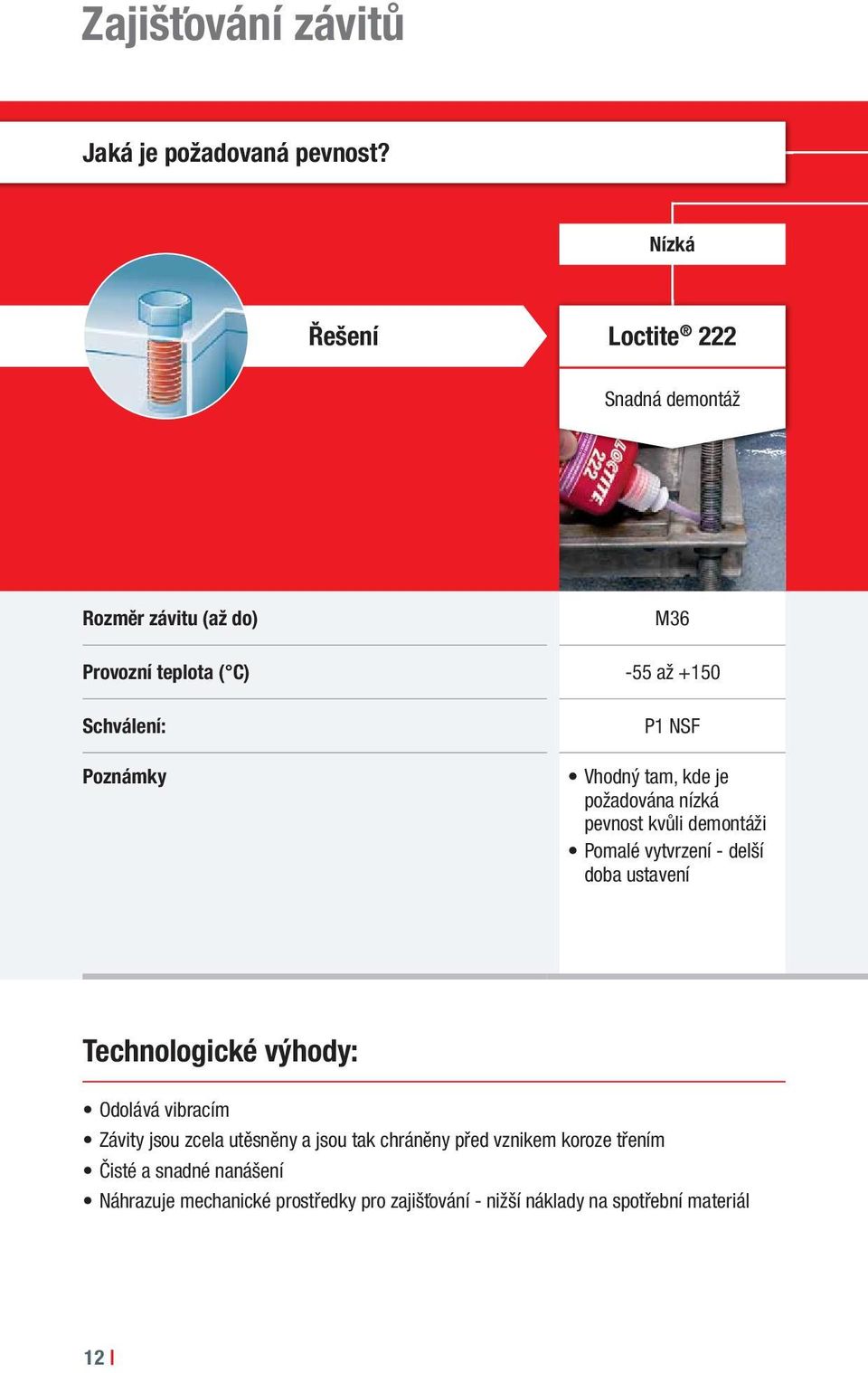 NSF Vhodný tam, kde je požadována nízká pevnost kvůli demontáži Pomalé vytvrzení - delší doba ustavení Technologické výhody: