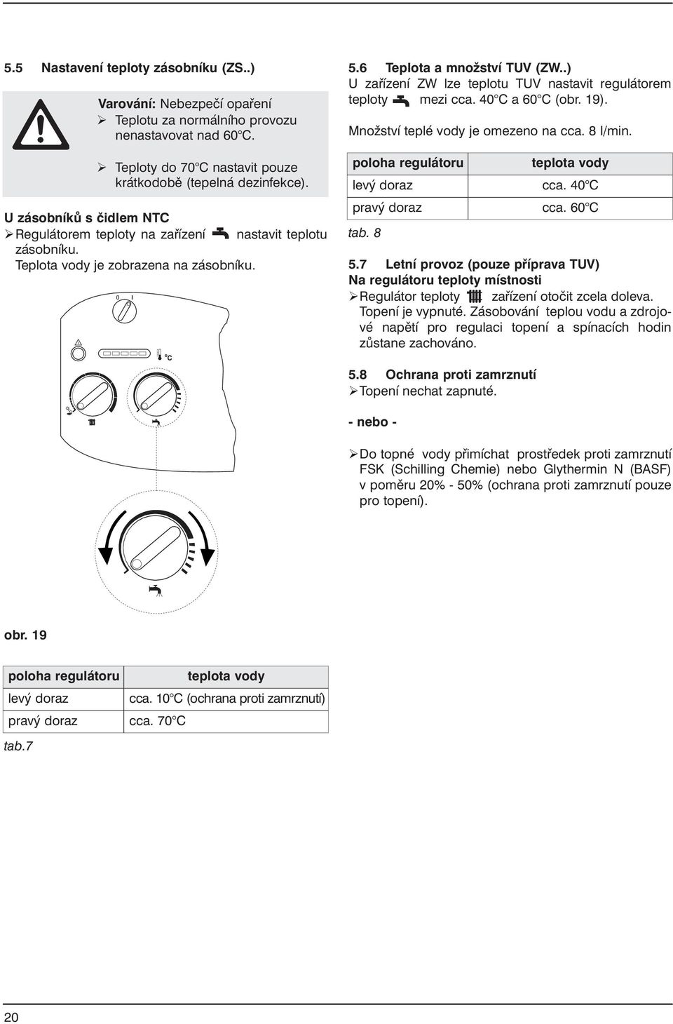 U zásobníků s čidlem NTC ØRegulátorem teploty na zařízení nastavit teplotu zásobníku. Teplota vody je zobrazena na zásobníku. poloha regulátoru tab. 8 teplota vody levý doraz cca.
