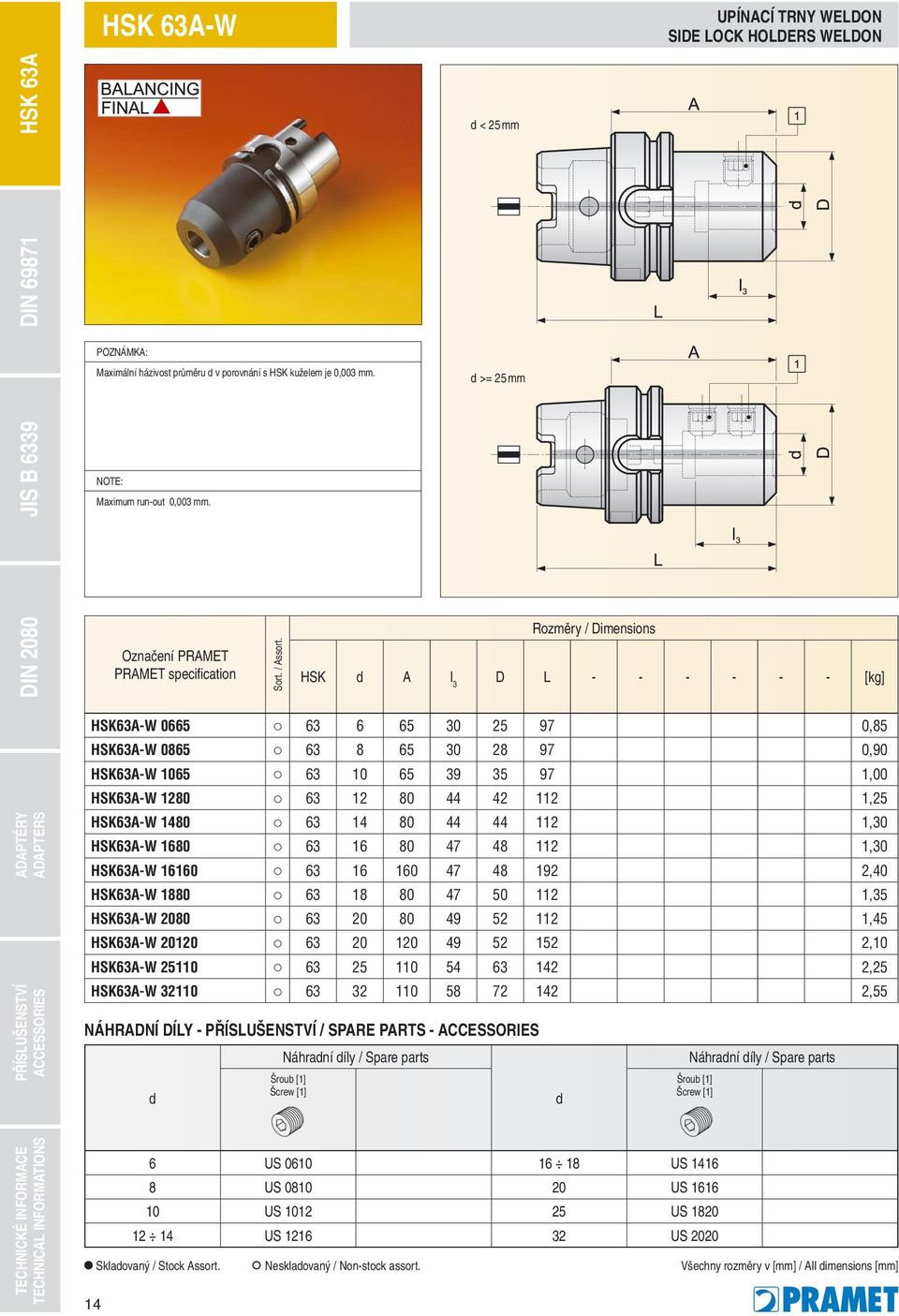 HSK d A l 3 D L - - - - - - [kg] HSK63A-W 0665 63 6 65 30 25 97 0,85 HSK63A-W 0865 63 8 65 30 28 97 0,90 HSK63A-W 1065 63 10 65 39 35 97 1,00 HSK63A-W 1280 63 12 80 44 42 112 1,25 HSK63A-W 1480 63 14