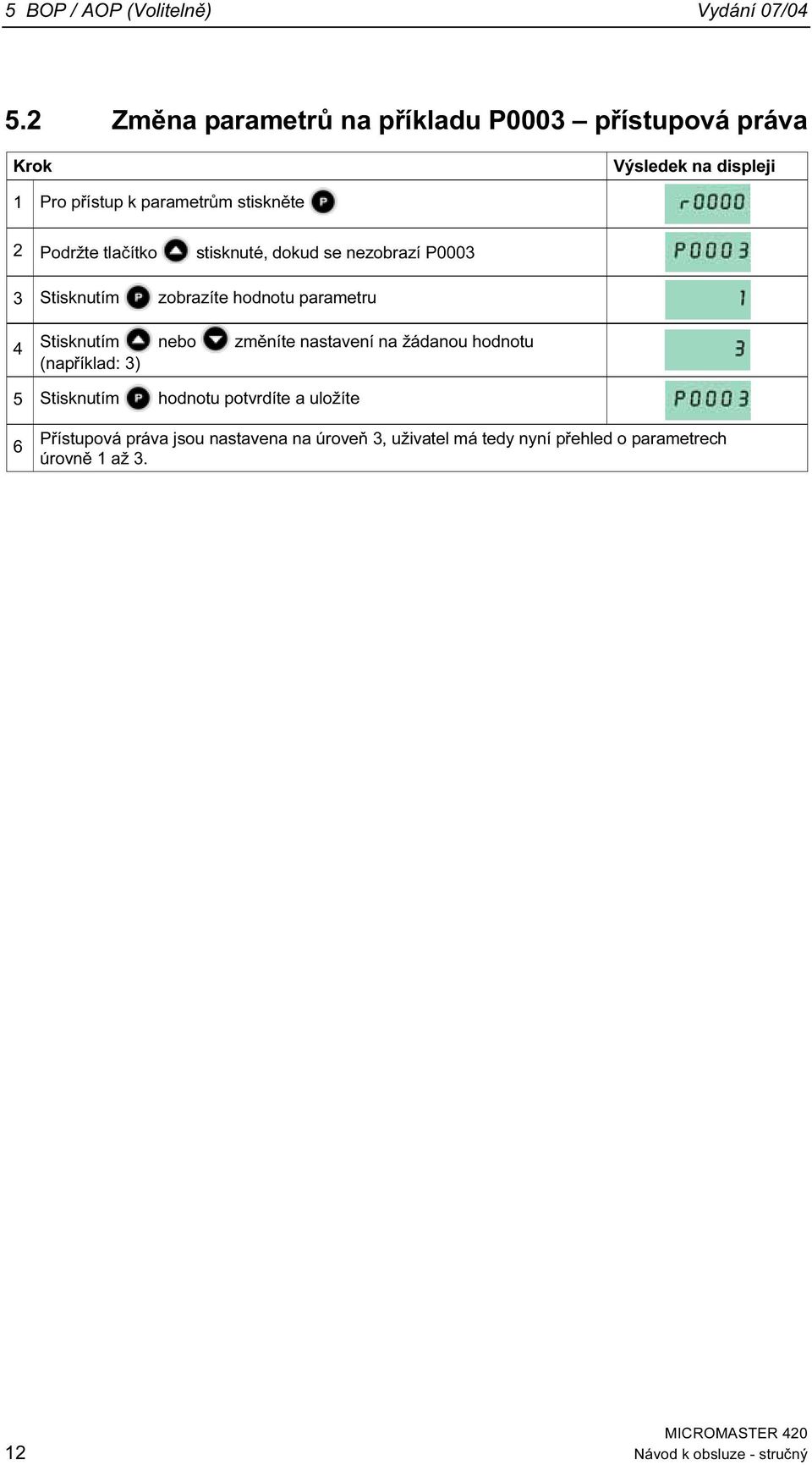 Podržte tlačítko stisknuté, dokud se nezobrazí P3 3 Stisknutím zobrazíte hodnotu parametru 4 Stisknutím nebo změníte