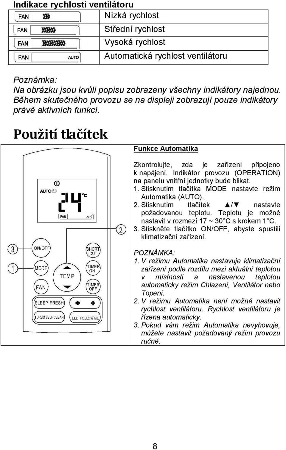 Indikátor provozu (OPERATION) na panelu vnitřní jednotky bude blikat. 1. Stisknutím tlačítka MODE nastavte režim Automatika (AUTO). 2. Stisknutím tlačítek / nastavte požadovanou teplotu.