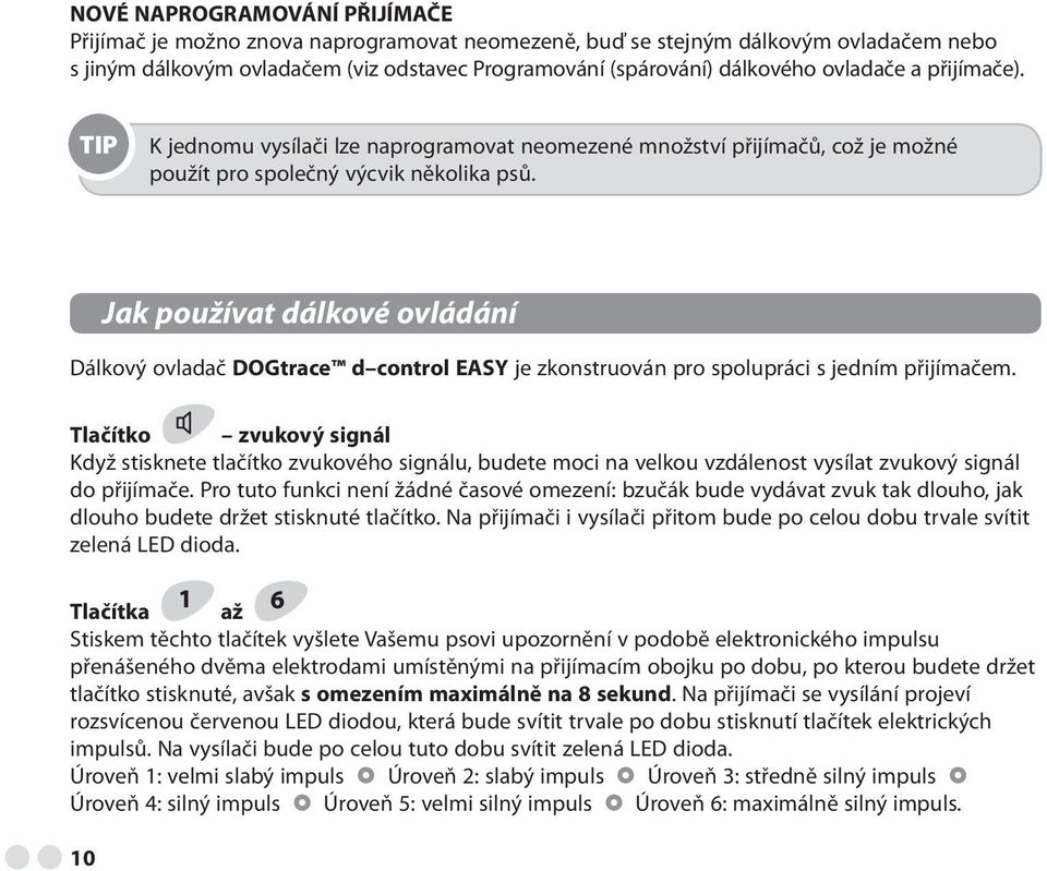 Jak používat dálkové ovládání Dálkový ovladač DOGtrace d control EASY je zkonstruován pro spolupráci s jedním přijímačem.