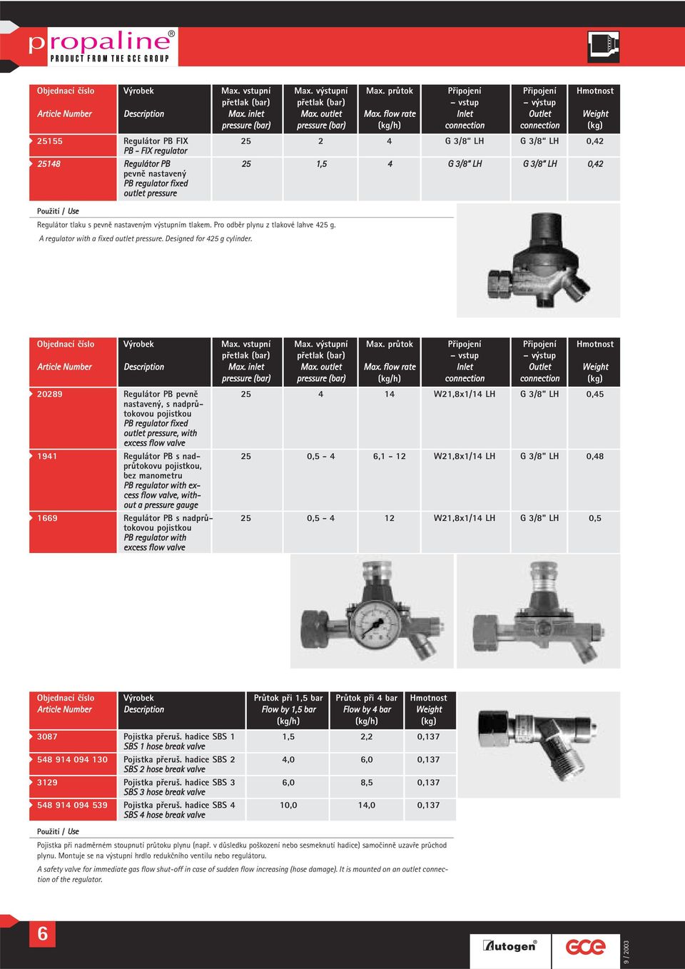 3/8 LH 0,42 pevně nastavený PB regulator fixed outlet pressure Regulátor tlaku s pevně nastaveným výstupním tlakem. Pro odběr plynu z tlakové lahve 425 g. A regulator with a fixed outlet pressure.