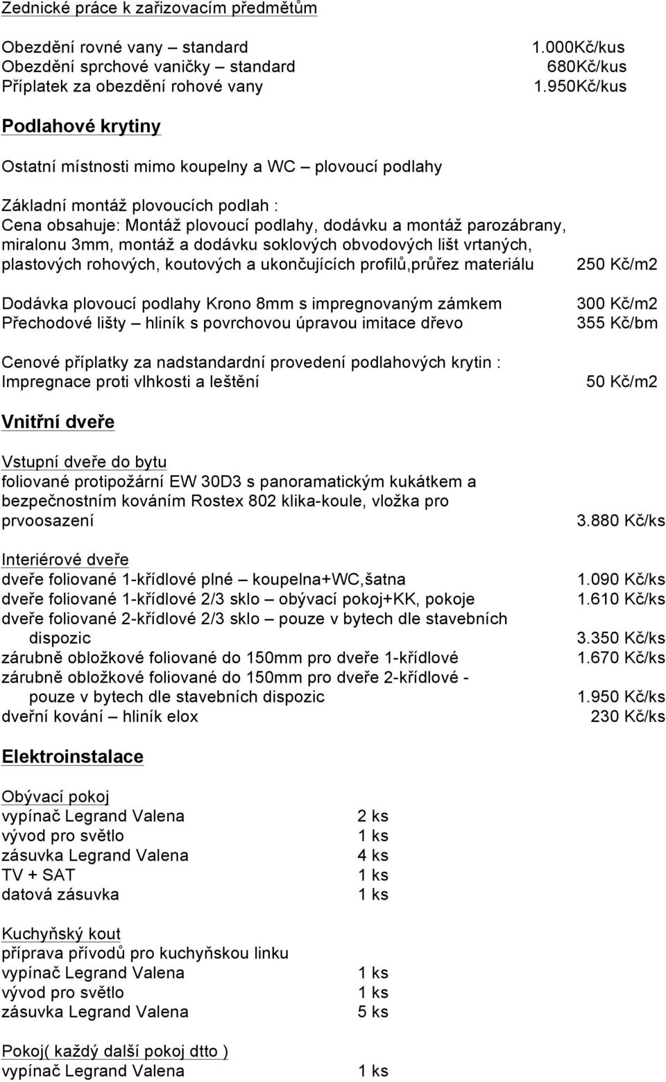 3mm, montáž a dodávku soklových obvodových lišt vrtaných, plastových rohových, koutových a ukončujících profilů,průřez materiálu Dodávka plovoucí podlahy Krono 8mm s impregnovaným zámkem Přechodové