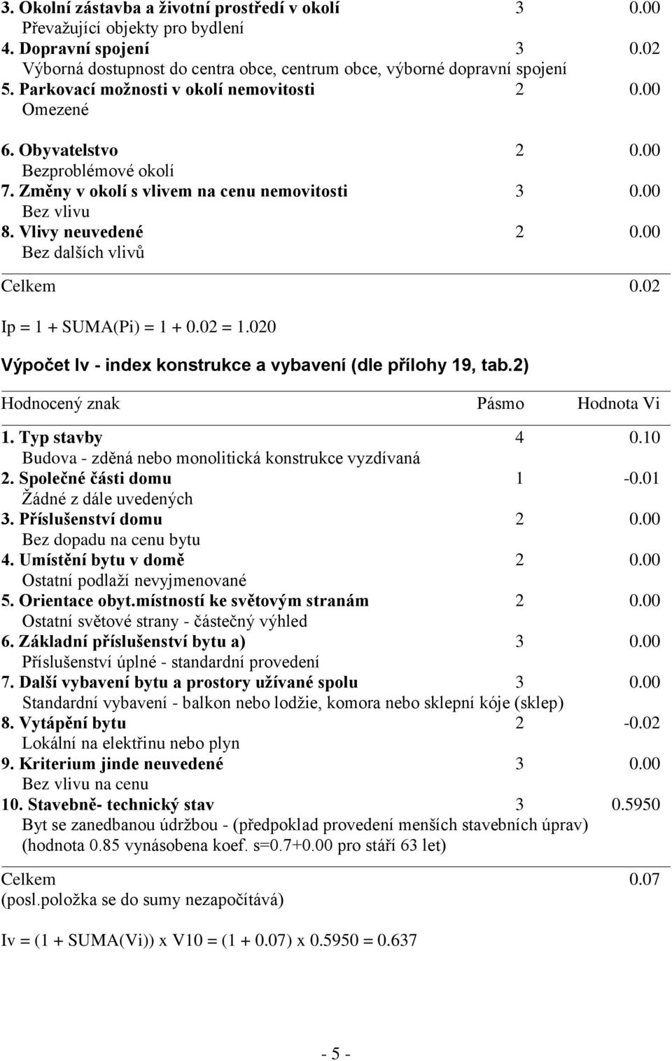 00 Bez dalších vlivů Celkem 0.02 Ip = 1 + SUMA(Pi) = 1 + 0.02 = 1.020 Výpočet Iv - index konstrukce a vybavení (dle přílohy 19, tab.2) Hodnocený znak Pásmo Hodnota Vi 1. Typ stavby 4 0.