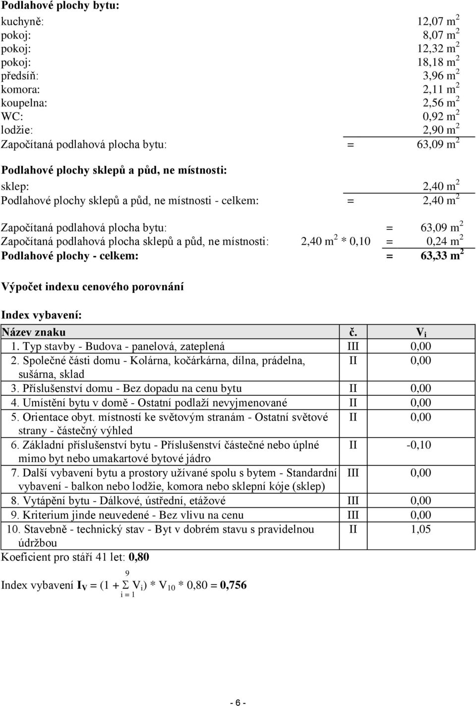 Započítaná podlahová plocha sklepů a půd, ne místnosti: 2,40 m 2 * 0,10 = 0,24 m 2 Podlahové plochy - celkem: = 63,33 m 2 Výpočet indexu cenového porovnání Index vybavení: Název znaku č. V i 1.