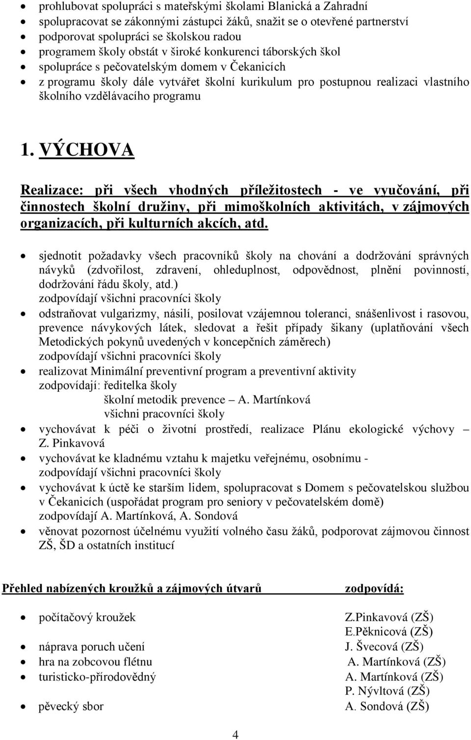 programu 1. VÝCHOVA Realizace: při všech vhodných příležitostech - ve vyučování, při činnostech školní družiny, při mimoškolních aktivitách, v zájmových organizacích, při kulturních akcích, atd.