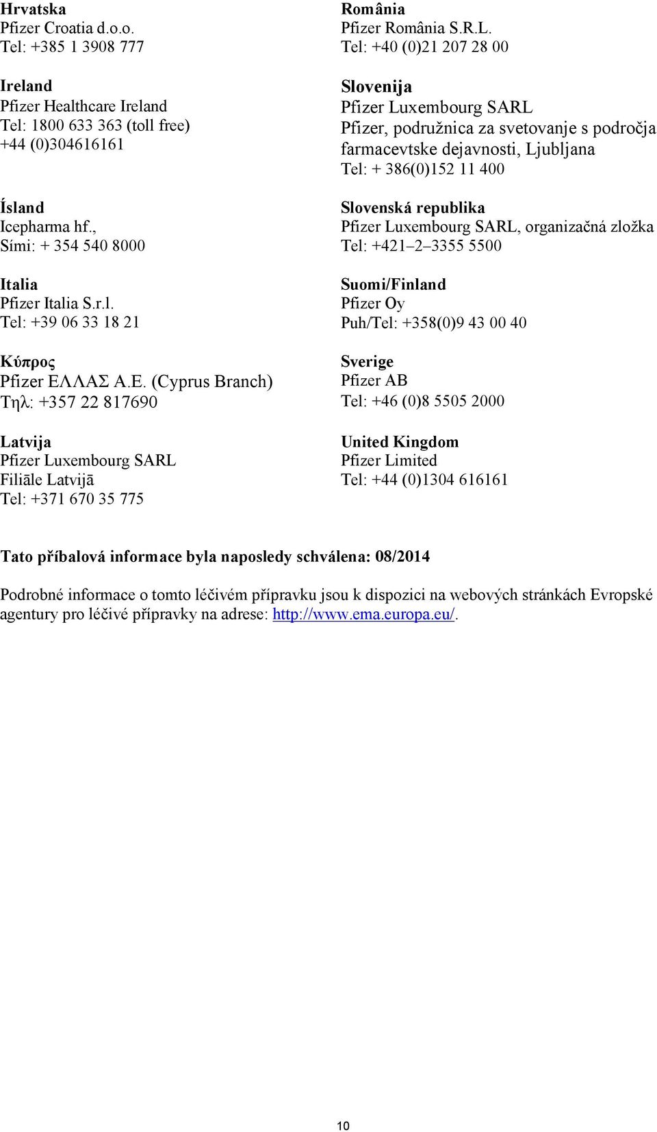 hf., Pfizer Luxembourg SARL, organizačná zložka Sími: + 354 540 8000 Tel: +421 2 3355 5500 Italia Suomi/Finland Pfizer Italia S.r.l. Pfizer Oy Tel: +39 06 33 18 21 Puh/Tel: +358(0)9 43 00 40 Kύπρος Sverige Pfizer ΕΛΛΑΣ Α.