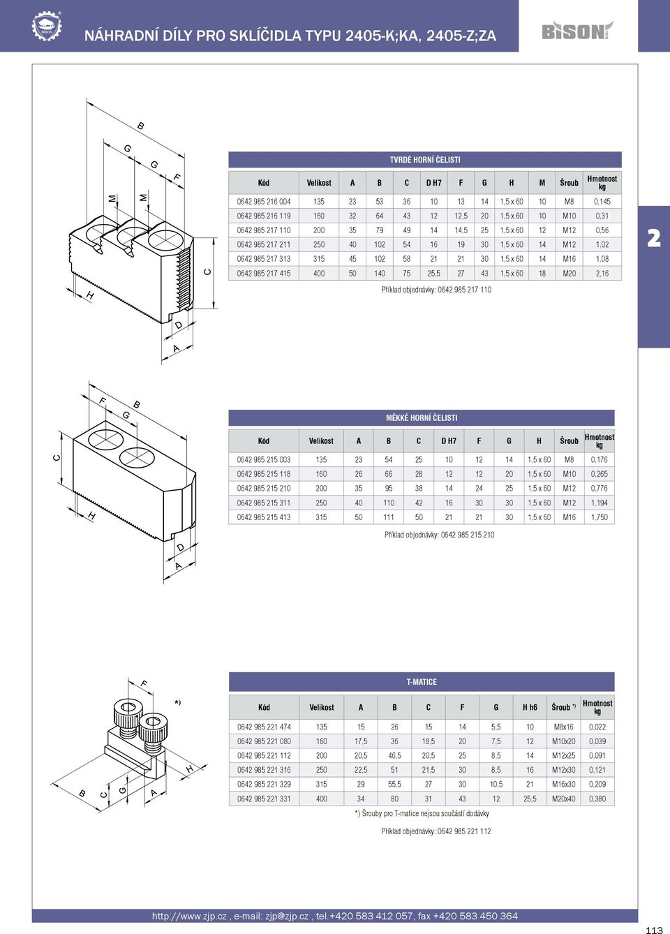 1,08 064 985 17 415 400 50 140 75 5,5 7 43 1,5 x 60 18 M0,16 Příklad objednávky: 064 985 17 110 MĚKKÉ HORNÍ ČELISTI Kód Velikost A B C D H7 F G H Šroub Hmotnost kg 064 985 15 003 135 3 54 5 10 1 14