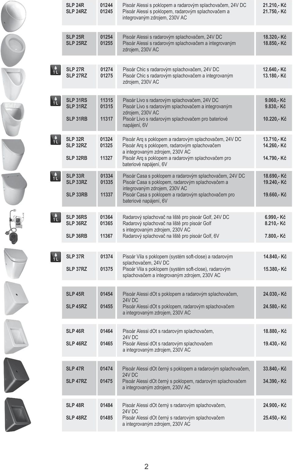 850,- K zdrojem, 230V AC SLP 27R 01274 Pisoár Chic s radarovým splachova em, 24V DC 12.640,- K SLP 27RZ 01275 Pisoár Chic s radarovým splachova em a integrovaným 13.