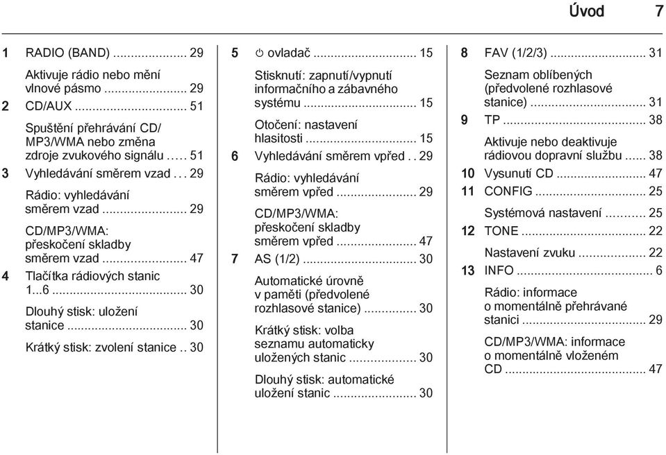 . 30 5 m ovladač... 15 Stisknutí: zapnutí/vypnutí informačního a zábavného systému... 15 Otočení: nastavení hlasitosti... 15 6 Vyhledávání směrem vpřed..29 Rádio: vyhledávání směrem vpřed.