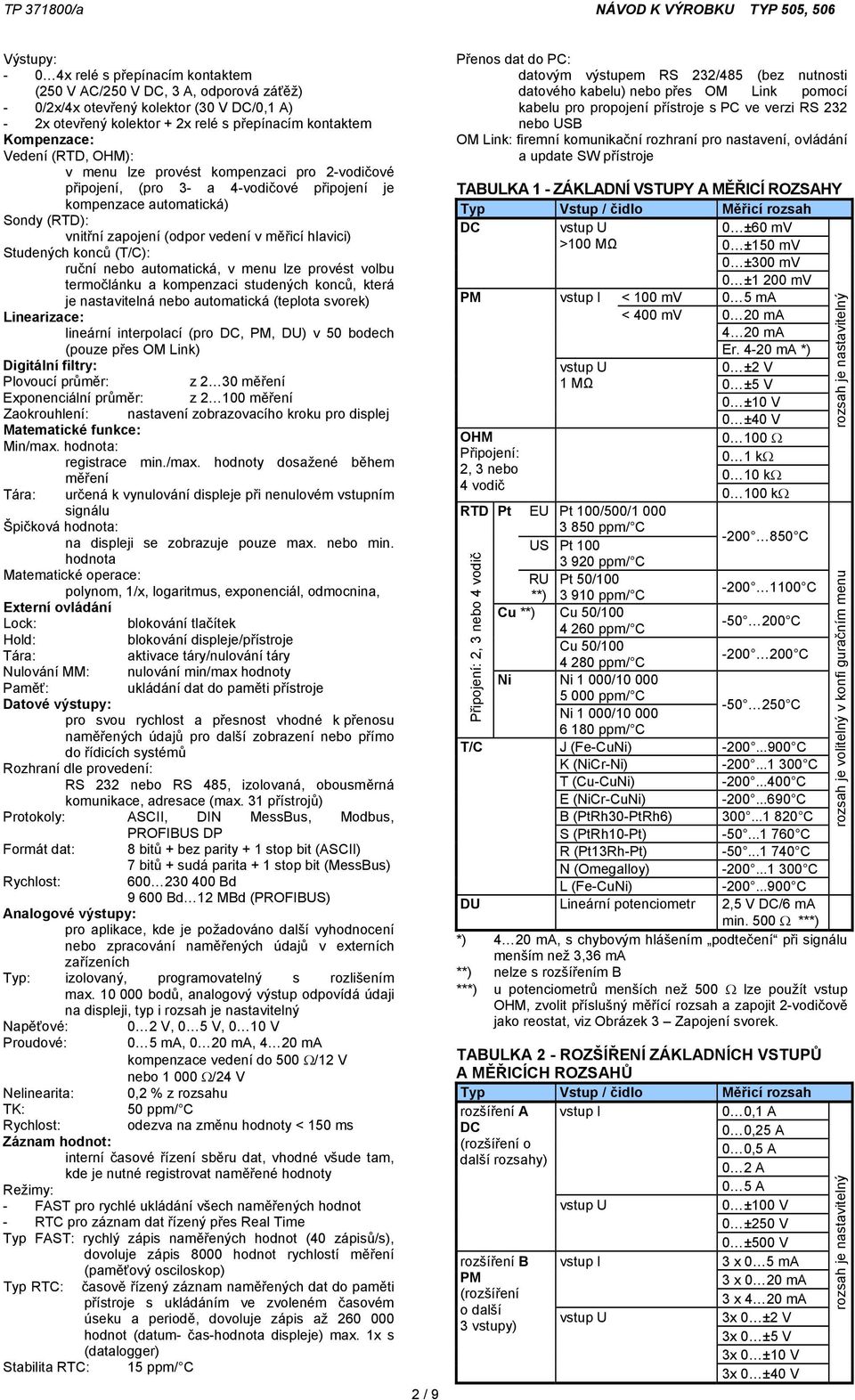 Studených konců (T/C): ruční nebo automatická, v menu lze provést volbu termočlánku a kompenzaci studených konců, která je nastavitelná nebo automatická (teplota svorek) Linearizace: lineární