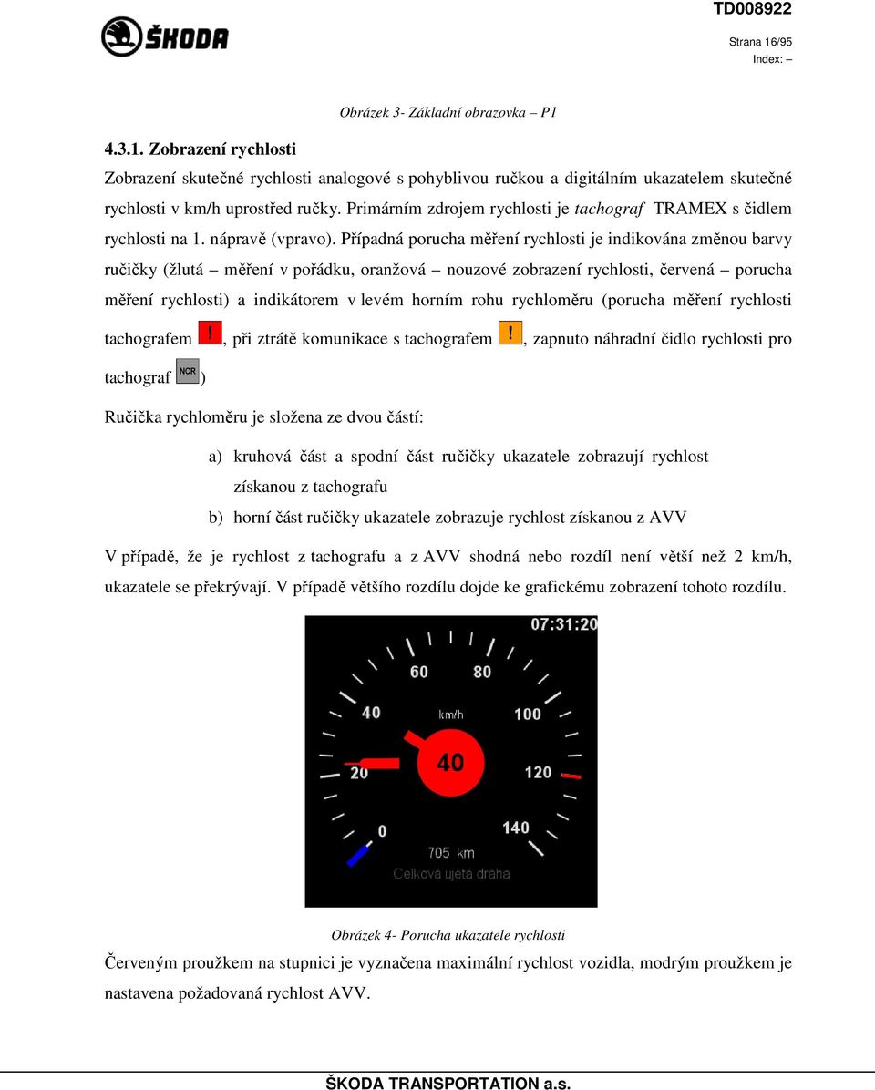 Případná porucha měření rychlosti je indikována změnou barvy ručičky (žlutá měření v pořádku, oranžová nouzové zobrazení rychlosti, červená porucha měření rychlosti) a indikátorem v levém horním rohu