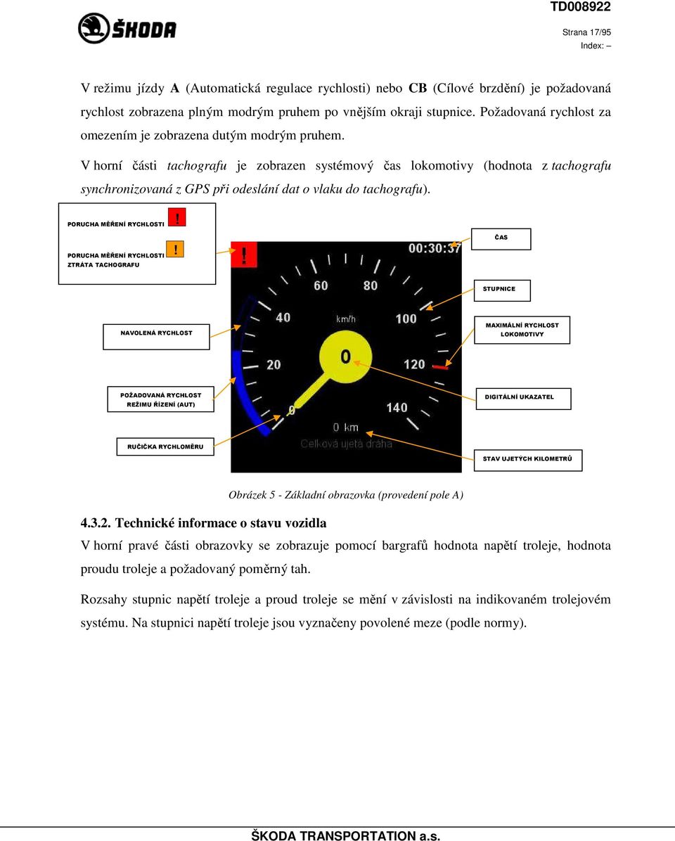 V horní části tachografu je zobrazen systémový čas lokomotivy (hodnota z tachografu synchronizovaná z GPS při odeslání dat o vlaku do tachografu).