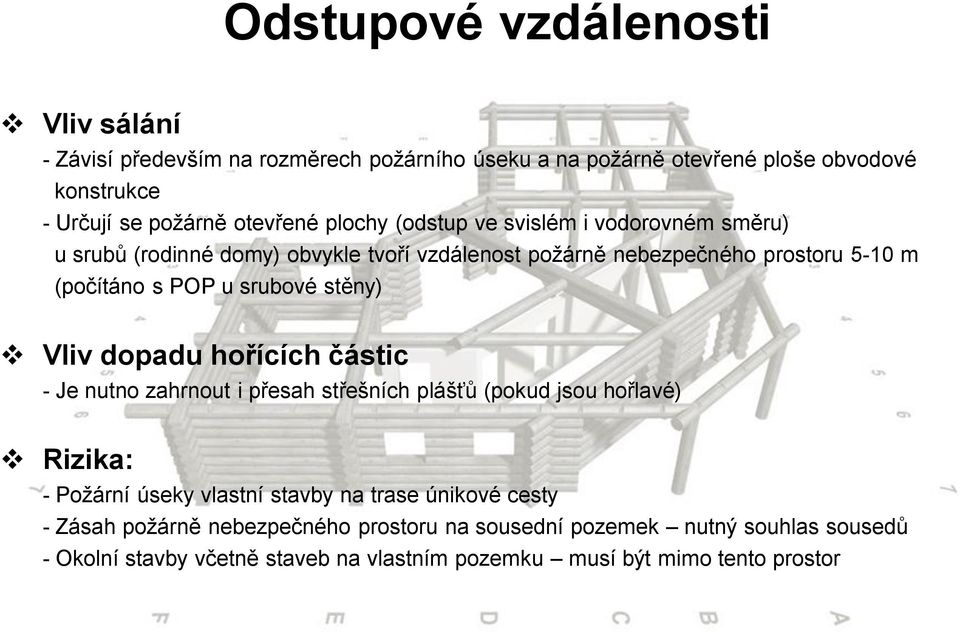 stěny) Vliv dopadu hořících částic - Je nutno zahrnout i přesah střešních plášťů (pokud jsou hořlavé) Rizika: - Požární úseky vlastní stavby na trase únikové