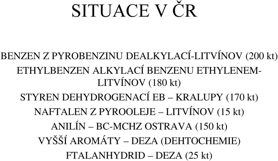 DEHYDROGENACÍ EB KRALUPY (170 kt) NAFTALEN Z PYROOLEJE LITVÍNOV (15 kt)