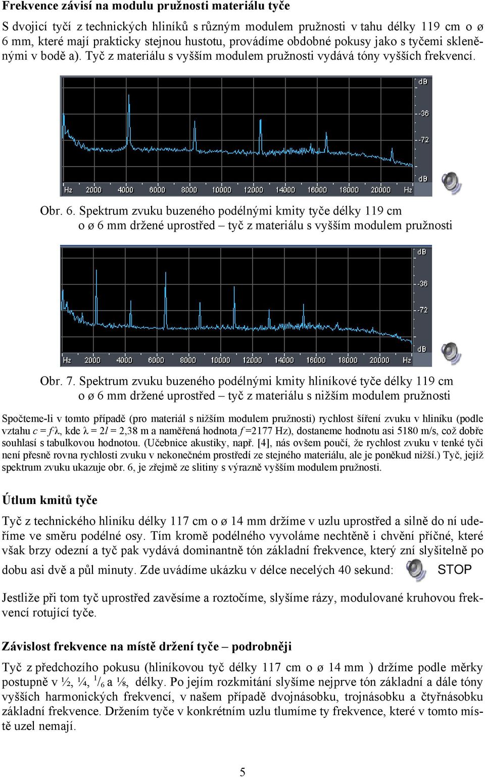 Spektrum zvuku buzeného podélnými kmity tyče délky 119 cm o ø 6 mm držené uprostřed tyč z materiálu s vyšším modulem pružnosti Obr. 7.