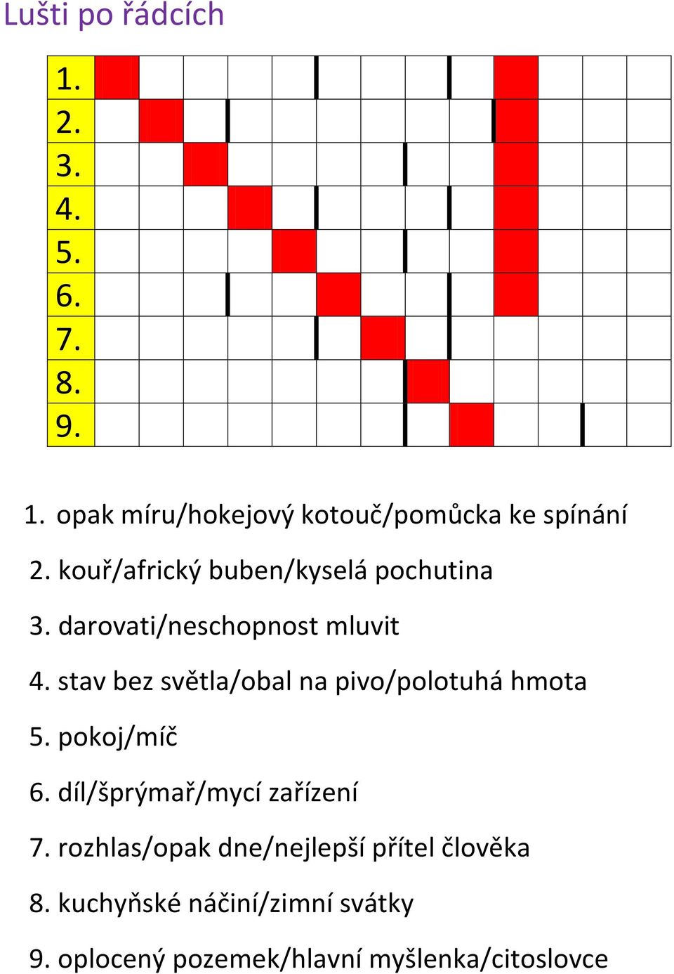 stav bez světla/obal na pivo/polotuhá hmota 5. pokoj/míč 6. díl/šprýmař/mycí zařízení 7.