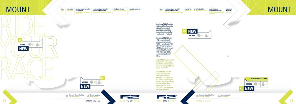 U modelu AT069C čočky z PRX - nový extrémně nárazuvzdorný materiál POZOR nevystavujte PRX čočky UV indexu vyššímu než 12 (velmi slunné počasí) a zároveň teplotám nad 60 C.