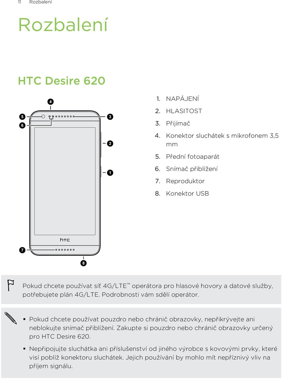 Pokud chcete používat pouzdro nebo chránič obrazovky, nepřikrývejte ani neblokujte snímač přiblížení. Zakupte si pouzdro nebo chránič obrazovky určený pro HTC Desire 620.