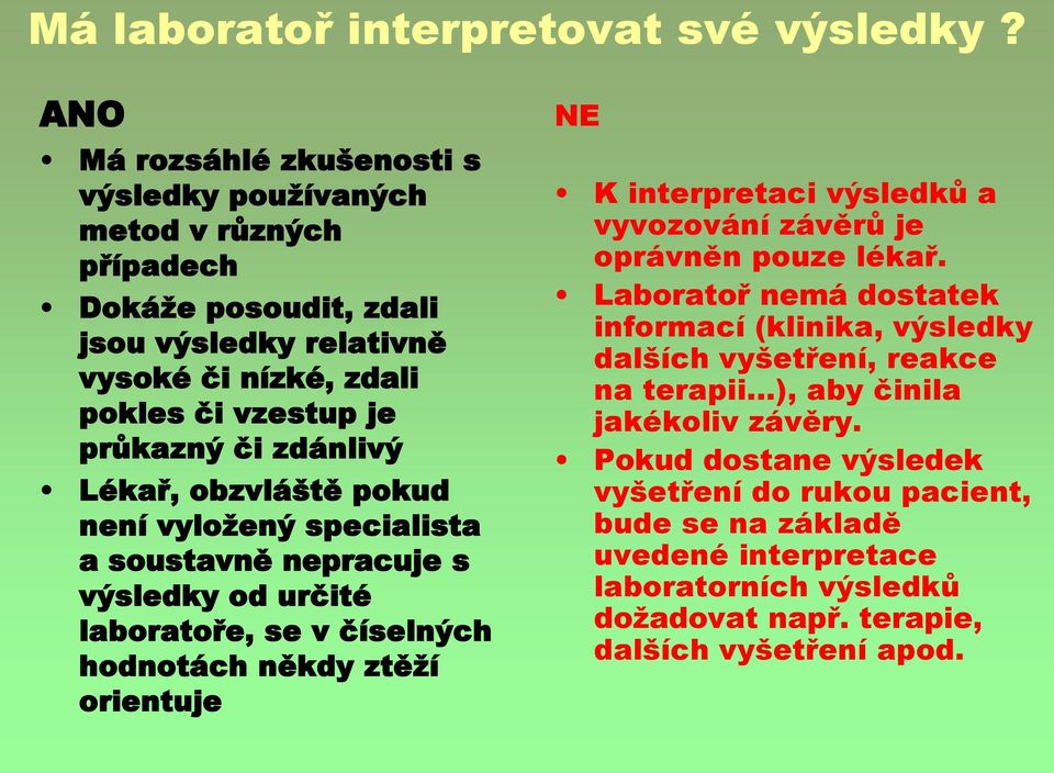 zdánlivý Lékař, obzvláště pokud není vyložený specialista a soustavně nepracuje s výsledky od určité laboratoře, se v číselných hodnotách někdy ztěží orientuje NE K interpretaci