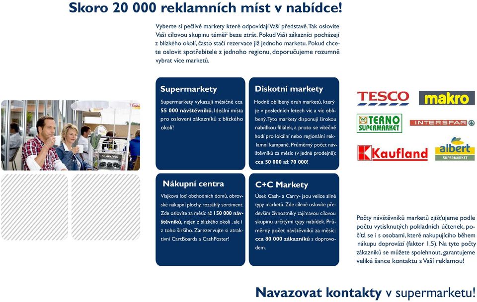 Supermarkety Supermarkety vykazují měsíčně cca 55 000 návštěvníků. Ideální místa pro oslovení zákazníků z blízkého okolí!