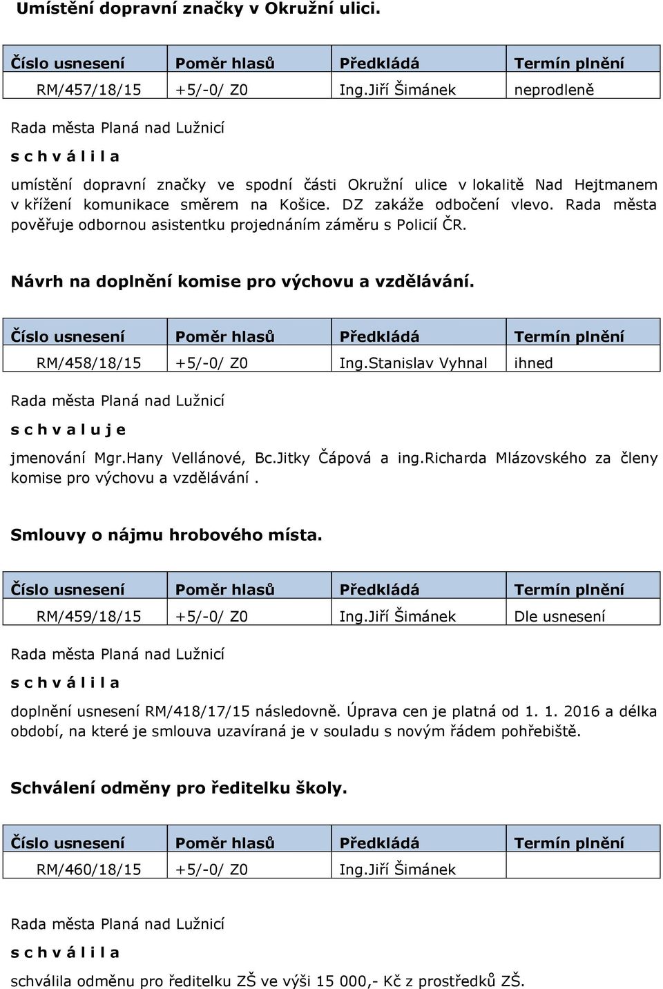 Rada města pověřuje odbornou asistentku projednáním záměru s Policií ČR. Návrh na doplnění komise pro výchovu a vzdělávání. RM/458/18/15 +5/-0/ Z0 Ing.Stanislav Vyhnal ihned jmenování Mgr.