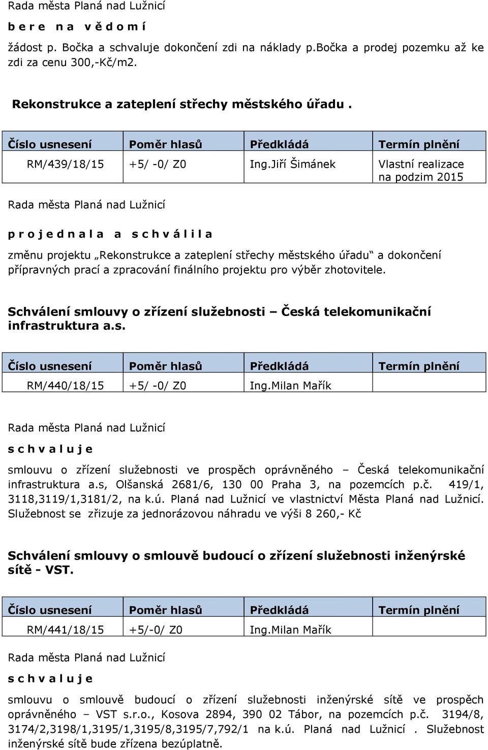 výběr zhotovitele. Schválení smlouvy o zřízení služebnosti Česká telekomunikační infrastruktura a.s. RM/440/18/15 +5/ -0/ Z0 Ing.