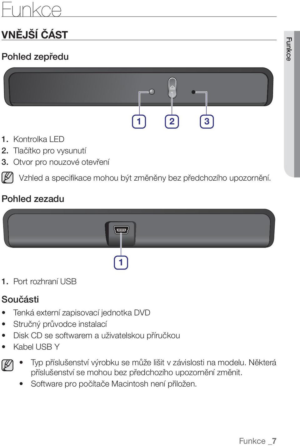 Port rozhraní USB Součásti 1 Tenká externí zapisovací jednotka DVD Stručný průvodce instalací Disk CD se softwarem a uživatelskou